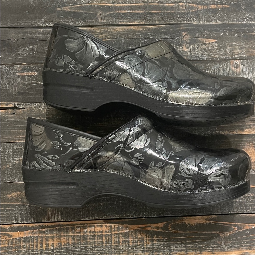 Dansko Black and Gray Floral Mules Size 41